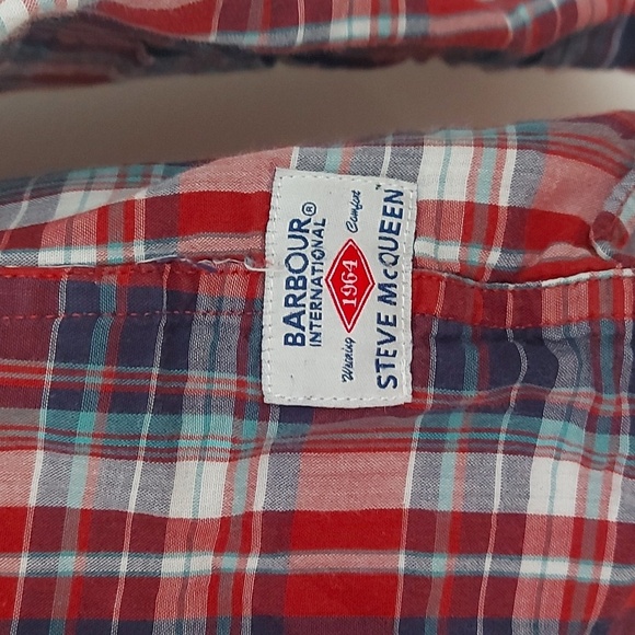 Barbour X Steve McQueen Button Down Plaid Shirt Lined Red Navy Size Medium - Picture 4 of 10